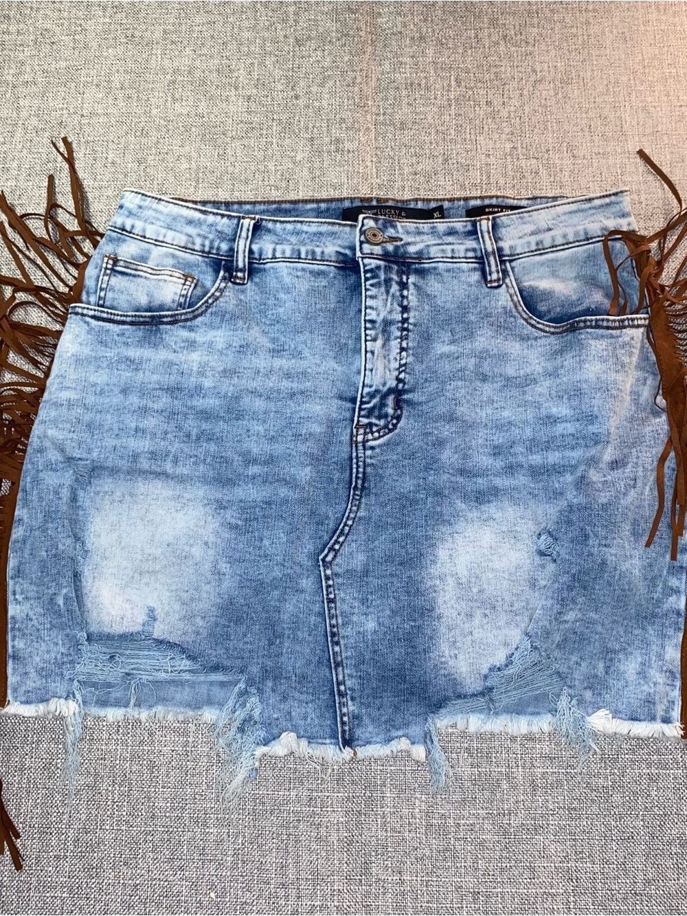 Lucky & Blessed Denim Fringe Mini Skirt Raw Hem Western Cowgirl Country Size XL